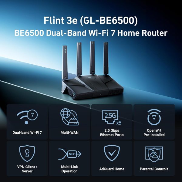 GL.iNet Flint 3e (GL-BE6500) – Wi-Fi 7 VPN Router with 5× 2.5G Ports