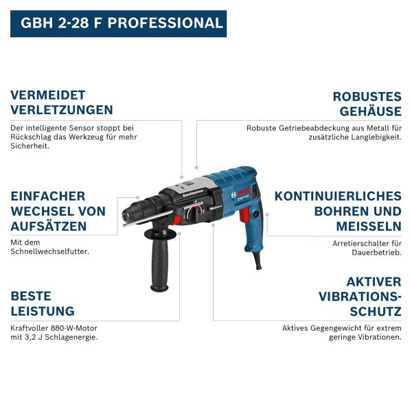 Bosch PRO Hammer Drill GBH 2-28 F (incl. Auxiliary Handle, Depth Stop 210mm, Cloth, Keyless Chuck, Quick-Change SDS plus Chuck, Carry Case)