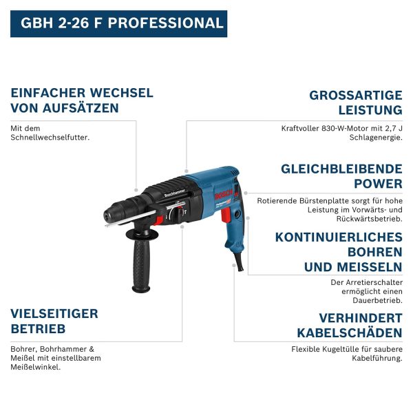 Bosch PRO Hammer Drill GBH 2-26 F (830 Watt, Quick-Change SDS plus Chuck, incl. Auxiliary Handle, Depth Stop, Cloth, Keyless Chuck, Carry Case)