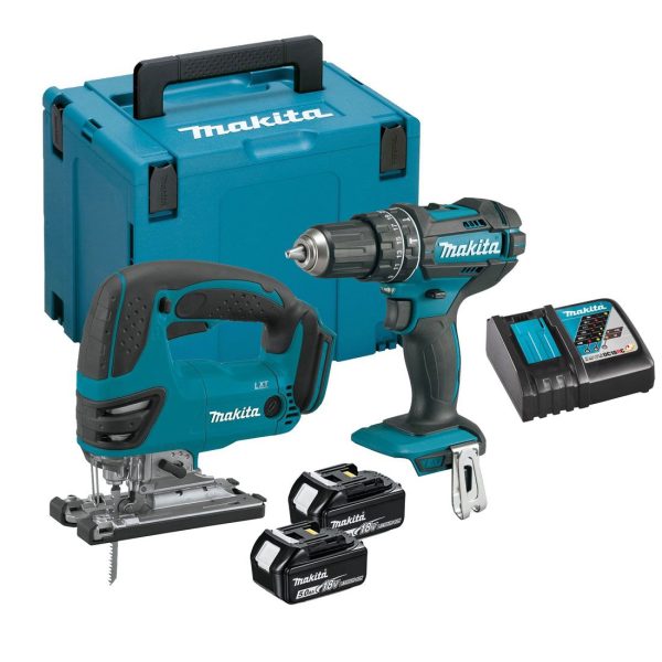 Makita DLX2134TJ 18V LXT Twin Kit DJV180 Jigsaw & DHP482 Combi Drill incl. 2x 5.0Ah Batteries